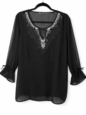 Black Sheer Embroidered Beaded Tie Neck Peasant Blouse Boho Bell Sleeve Chiffon